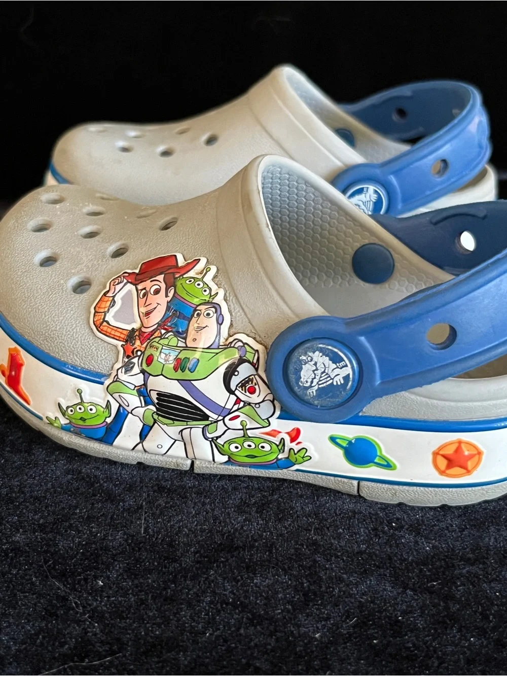 CROCS Kids Light Gray and Blue Toy Story Character Clog Sandals